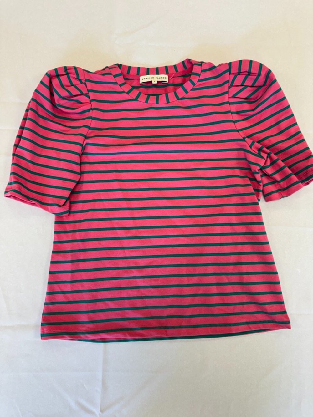 English Factory Striped Puff Sleeve Top Pink Turquoise 95% Cotton Size S